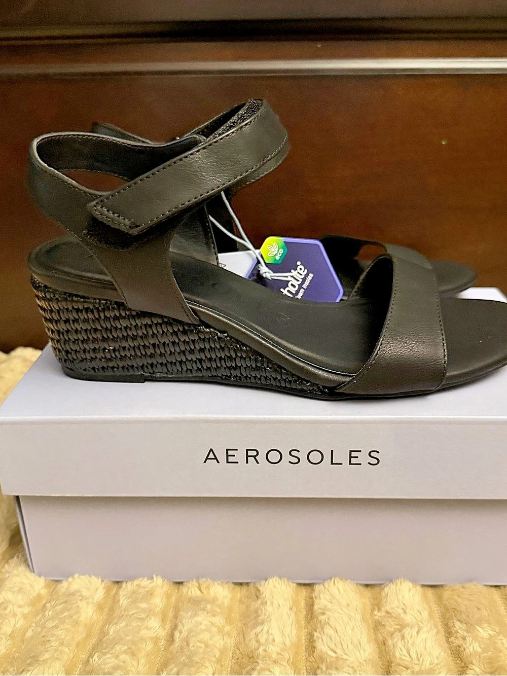Aerosoles Wel Black Wedge Sandals US 8M NWT
